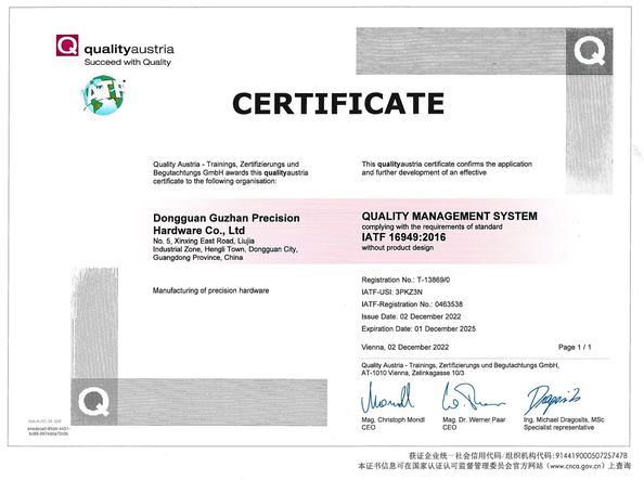 Chiny Dongguan Guzhan Precision Metal Products Co.,Ltd Certyfikaty