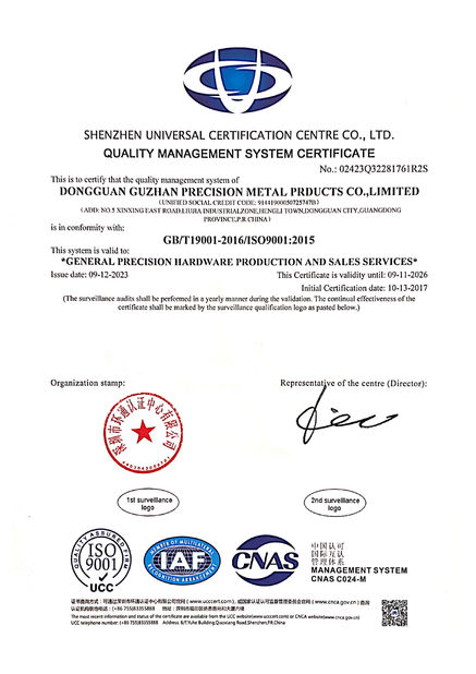 Chiny Dongguan Guzhan Precision Metal Products Co.,Ltd Certyfikaty